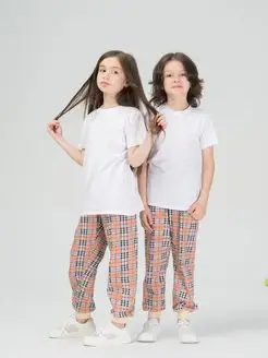 Скидка на Брюки клетку домашние пижамные брючки для мальчика и девочки