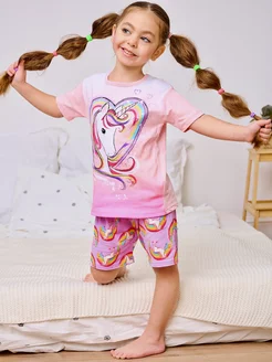 Скидка на Пижама детская с шортами розовая с единорогом