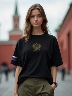 Скидка на Хлопковая футболка оверсайз с принтом на груди яркая